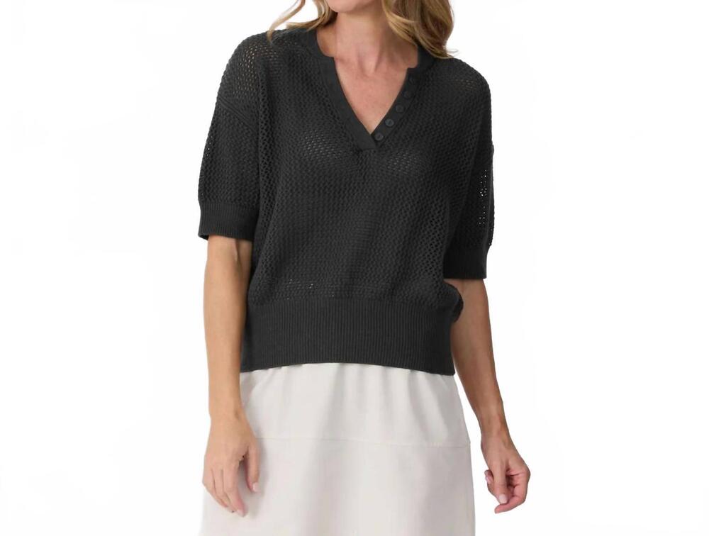 NEW KRIMSON KLOVER tansy short sleeve pointelle henley sweater in black